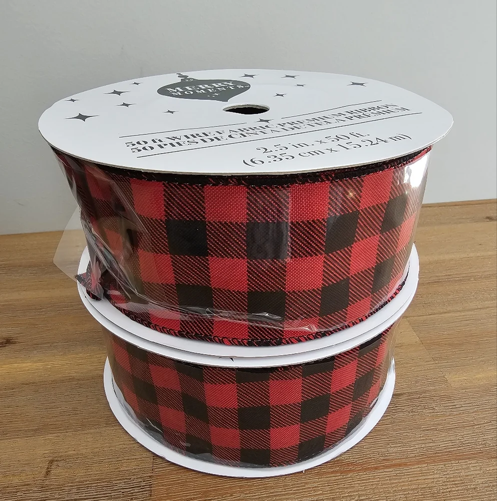MERRY MOMENTS 2 Rolls Red & Black Buffalo Plaid Wire Edge Ribbon 2.5